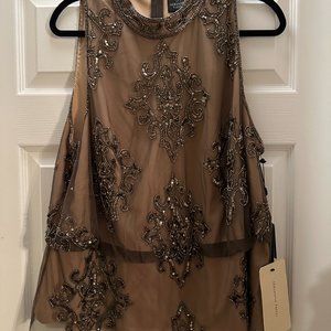 ADRIANNA PAPELL PLUS SIZE HAND-BEADED BLOUSON HALTER TOP IN LEAD NUDE